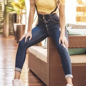 Shoulder-strap Pockets Zipper High Waist